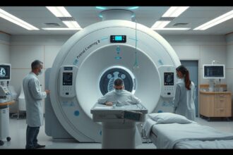 MRI vizsgálat közben egy kórházban, orvosok és páciens jelenlétében.