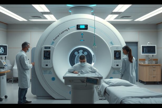 MRI vizsgálat közben egy kórházban, orvosok és páciens jelenlétében.