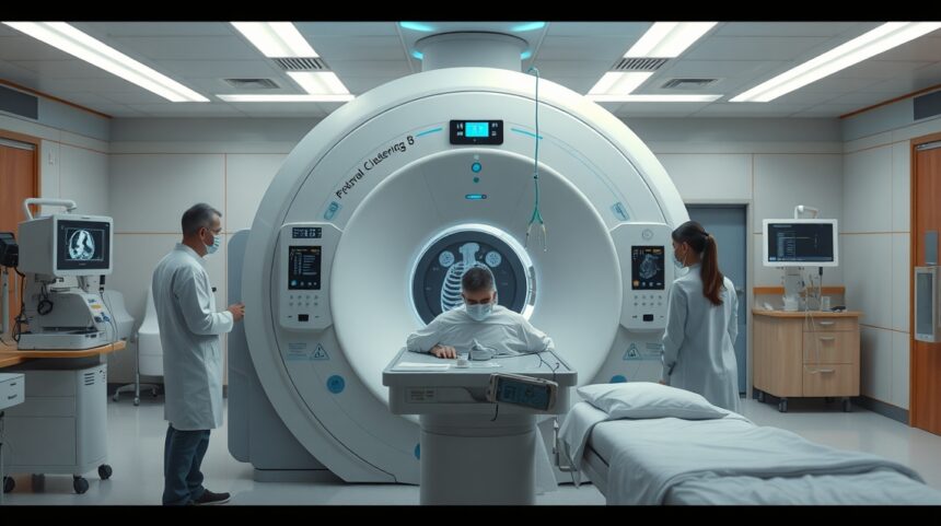 MRI vizsgálat közben egy kórházban, orvosok és páciens jelenlétében.