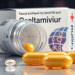 Oseltamivir gyógyszeres doboz és sárga kapszulák közelről