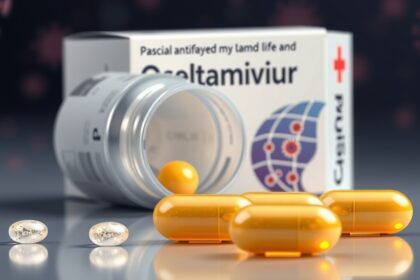 Oseltamivir gyógyszeres doboz és sárga kapszulák közelről