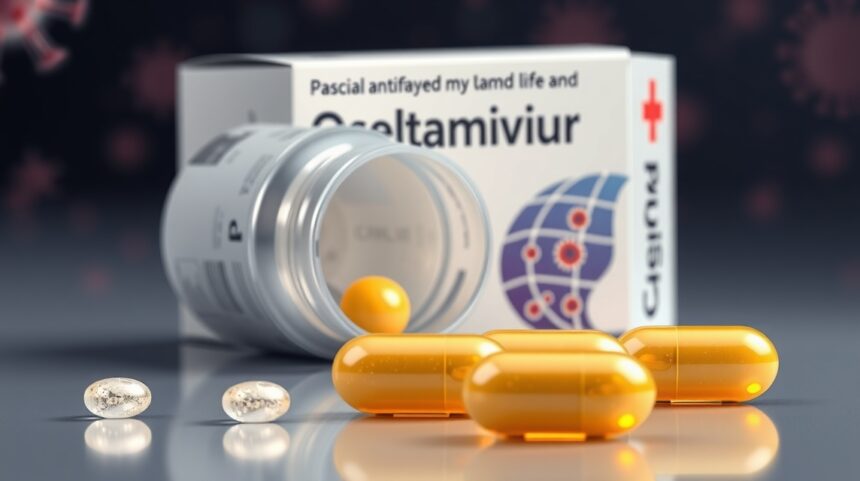 Oseltamivir gyógyszeres doboz és sárga kapszulák közelről