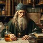 Paracelsus, az alkimista és orvos, könyvekkel és laboratóriumi eszközökkel körülvéve.