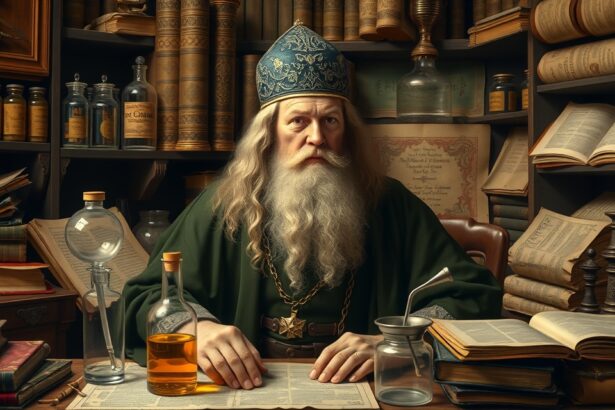 Paracelsus, az alkimista és orvos, könyvekkel és laboratóriumi eszközökkel körülvéve.