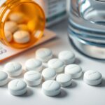 Paracetamol tabletták, gyógyszeres üveg és víz, egészségügyi alkalmazás