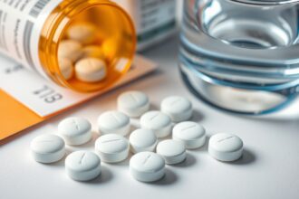 Paracetamol tabletták, gyógyszeres üveg és víz, egészségügyi alkalmazás