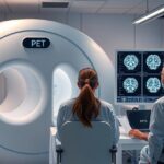 Orvosi személyzet PET vizsgálat előtt áll a gyógyszertárban.