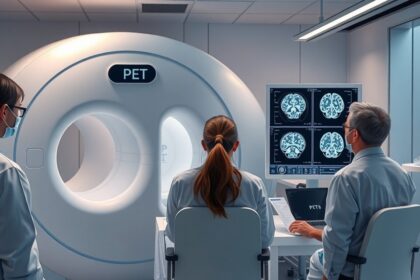 Orvosi személyzet PET vizsgálat előtt áll a gyógyszertárban.