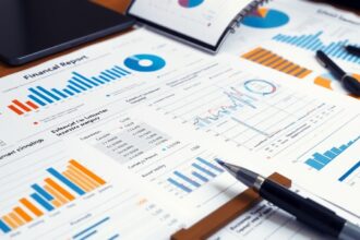 Pénzügyi jelentés grafikonokkal és táblázatokkal az asztalon.