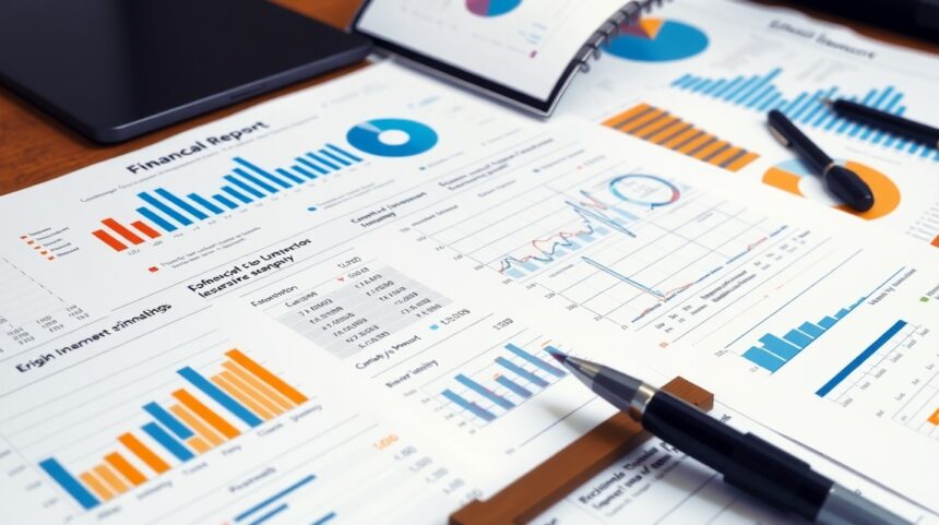 Pénzügyi jelentés grafikonokkal és táblázatokkal az asztalon.