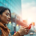 Nő mobiltelefonjával városi környezetben