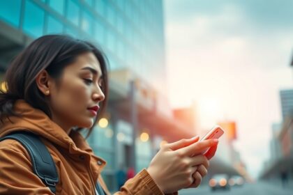 Nő mobiltelefonjával városi környezetben