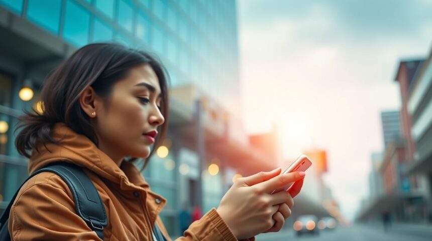 Nő mobiltelefonjával városi környezetben