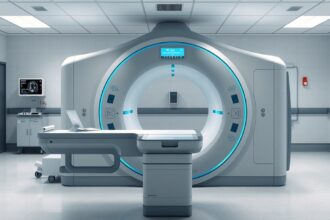 Pozitronemissziós tomográf készülék az orvosi diagnosztikában.