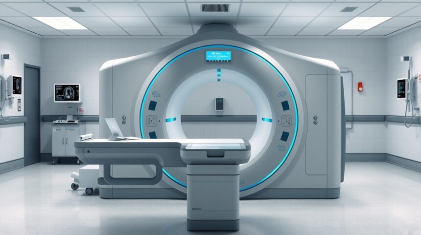 Pozitronemissziós tomográf készülék az orvosi diagnosztikában.