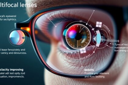 Multifokális lencsék a szemüvegen, különböző lencsetípusok diagramjával.