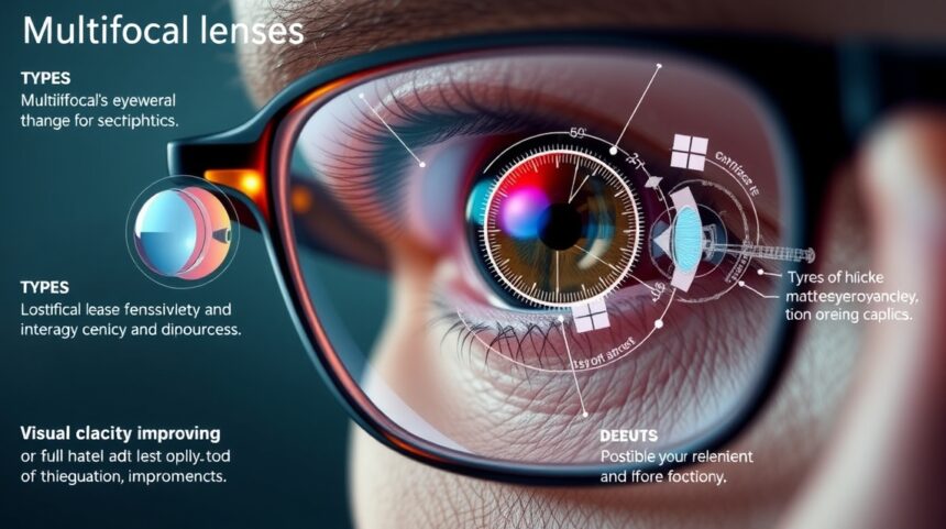 Multifokális lencsék a szemüvegen, különböző lencsetípusok diagramjával.