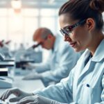 Tudós laboratóriumban dolgozik, mikroszkóp mellett.