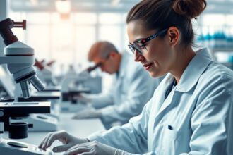 Tudós laboratóriumban dolgozik, mikroszkóp mellett.