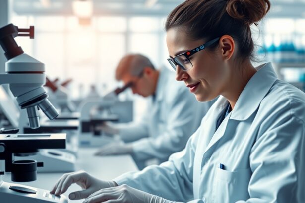 Tudós laboratóriumban dolgozik, mikroszkóp mellett.