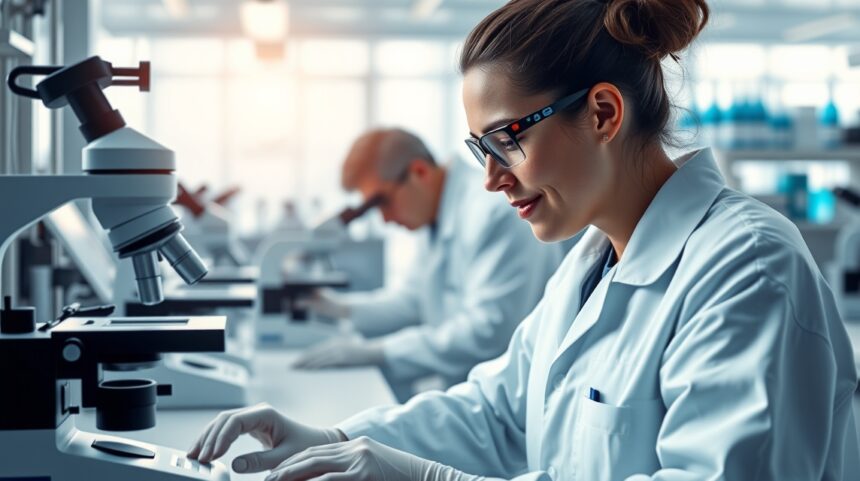 Tudós laboratóriumban dolgozik, mikroszkóp mellett.