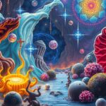 Színes pszichedelikus táj szimbólumokkal és élénk formákkal.