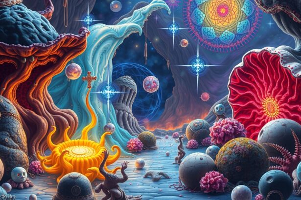 Színes pszichedelikus táj szimbólumokkal és élénk formákkal.