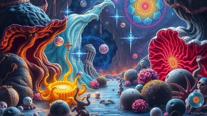 Színes pszichedelikus táj szimbólumokkal és élénk formákkal.