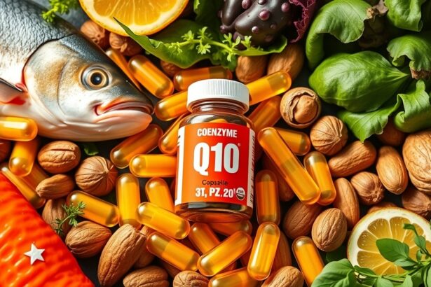Q10 koenzim kapszulák, friss hal, diófélék és zöldségek