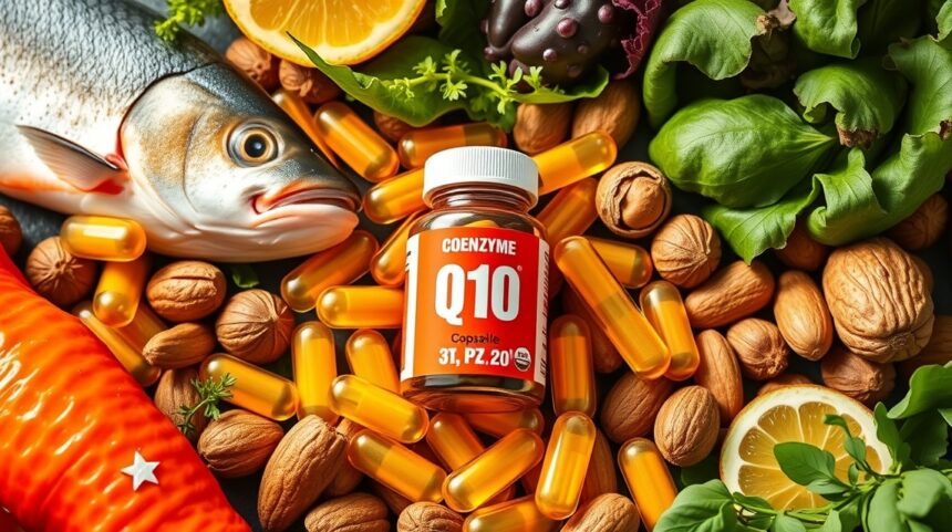 Q10 koenzim kapszulák, friss hal, diófélék és zöldségek