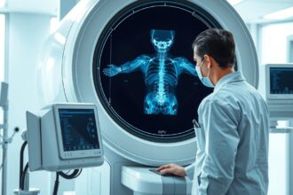 Orvosi röntgenvizsgálat, szakember a képalkotás során.