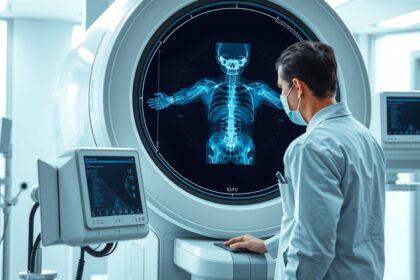 Orvosi röntgenvizsgálat, szakember a képalkotás során.