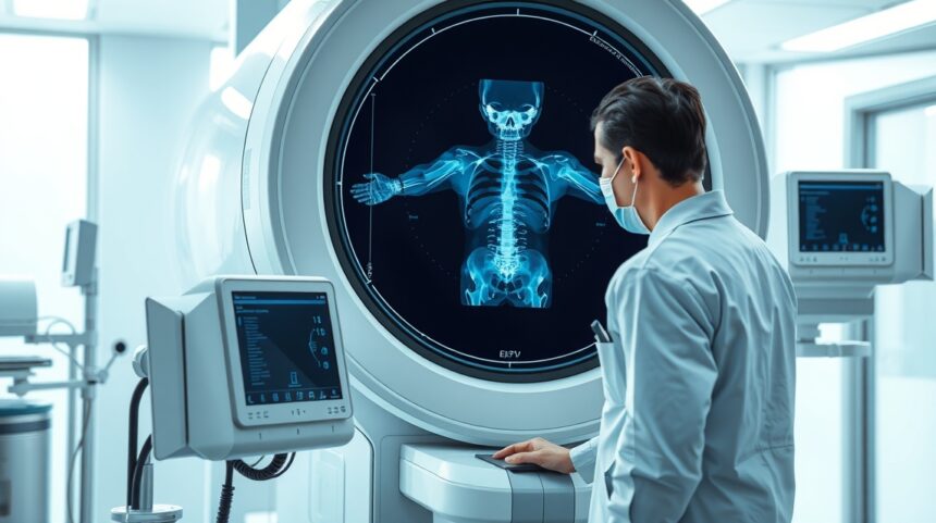 Orvosi röntgenvizsgálat, szakember a képalkotás során.