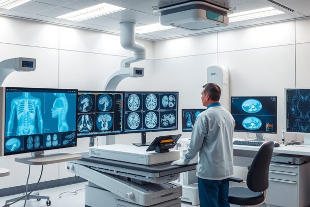 Radiológiai laboratórium, ahol orvosi képfelvételek elemzés történik.