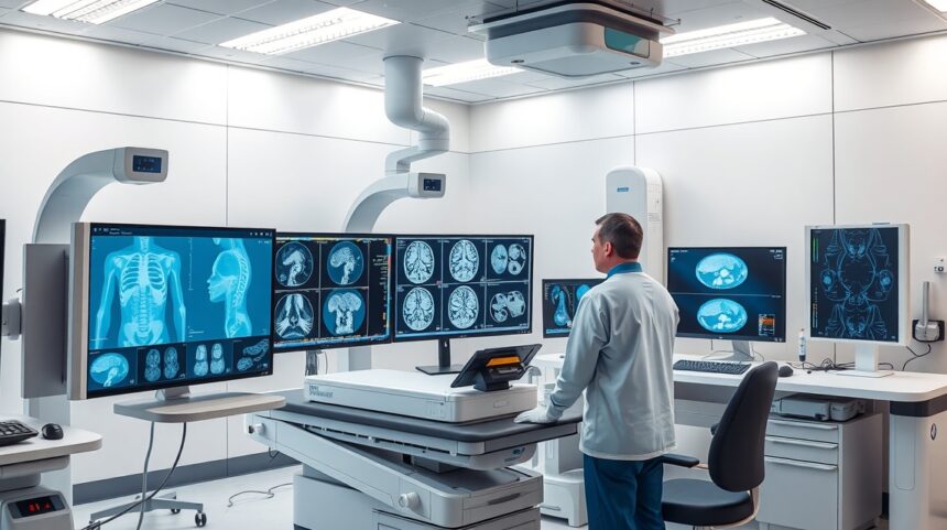 Radiológiai laboratórium, ahol orvosi képfelvételek elemzés történik.