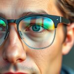 Férfi multifokális szemüvegben, éles látás a különböző távolságokhoz.