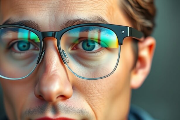 Férfi multifokális szemüvegben, éles látás a különböző távolságokhoz.