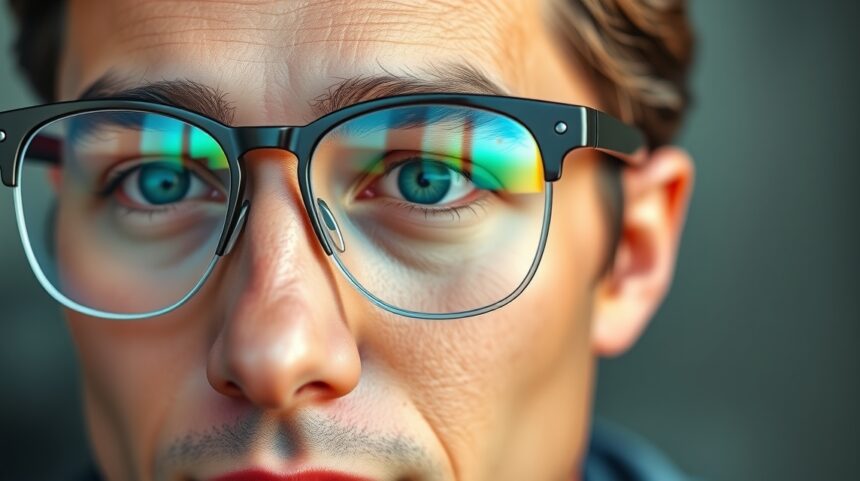 Férfi multifokális szemüvegben, éles látás a különböző távolságokhoz.