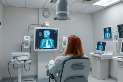 Betegek röntgen vizsgálata egy modern orvosi rendelőben.