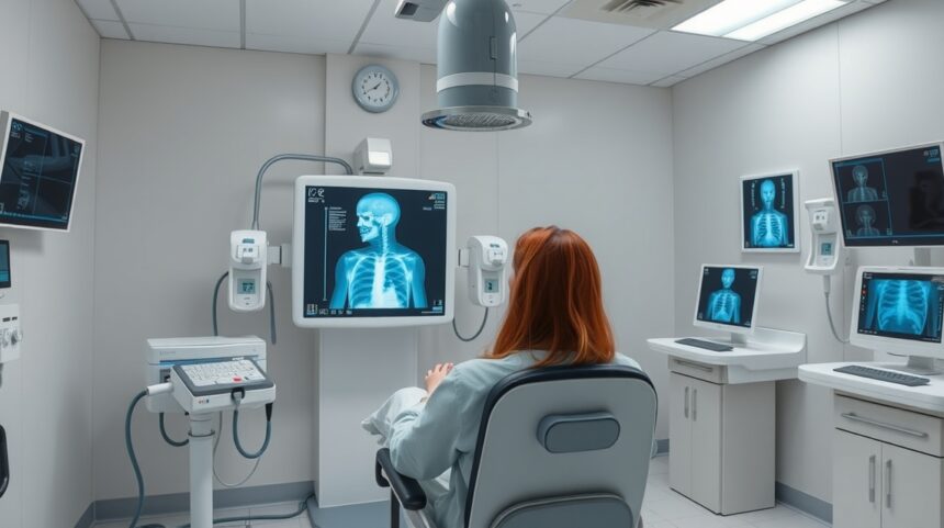 Betegek röntgen vizsgálata egy modern orvosi rendelőben.