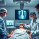 Orvosi csapat röntgenvizsgálat közben, különböző orvosi berendezések használatával.