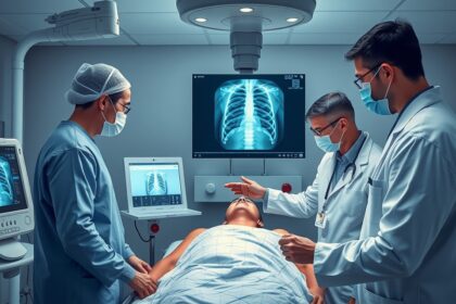 Orvosi csapat röntgenvizsgálat közben, különböző orvosi berendezések használatával.
