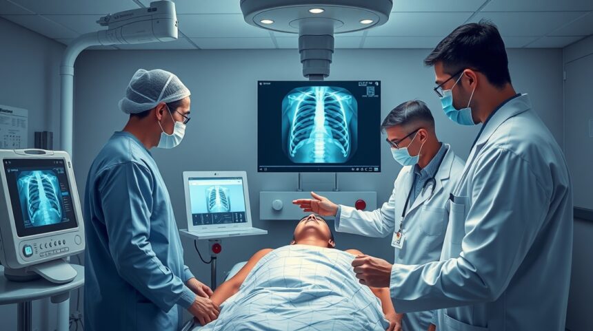 Orvosi csapat röntgenvizsgálat közben, különböző orvosi berendezések használatával.