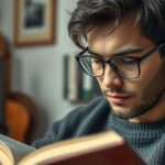 Fiatal férfi szemüvegben könyvet olvas.