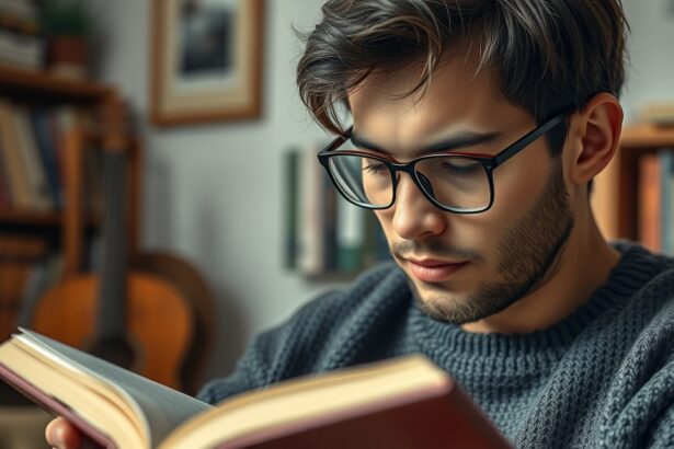 Fiatal férfi szemüvegben könyvet olvas.