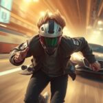 Futó férfi motoros sisakkal városi környezetben, sebesség és dinamika