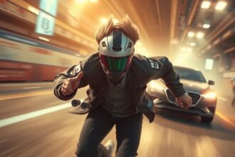 Futó férfi motoros sisakkal városi környezetben, sebesség és dinamika