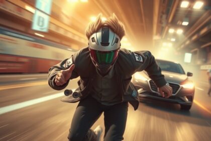 Futó férfi motoros sisakkal városi környezetben, sebesség és dinamika