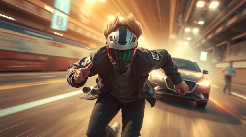 Futó férfi motoros sisakkal városi környezetben, sebesség és dinamika