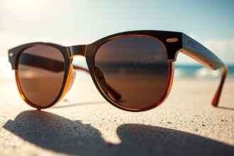 Divatos napszemüveg a tengerparton, UV-szűréssel.